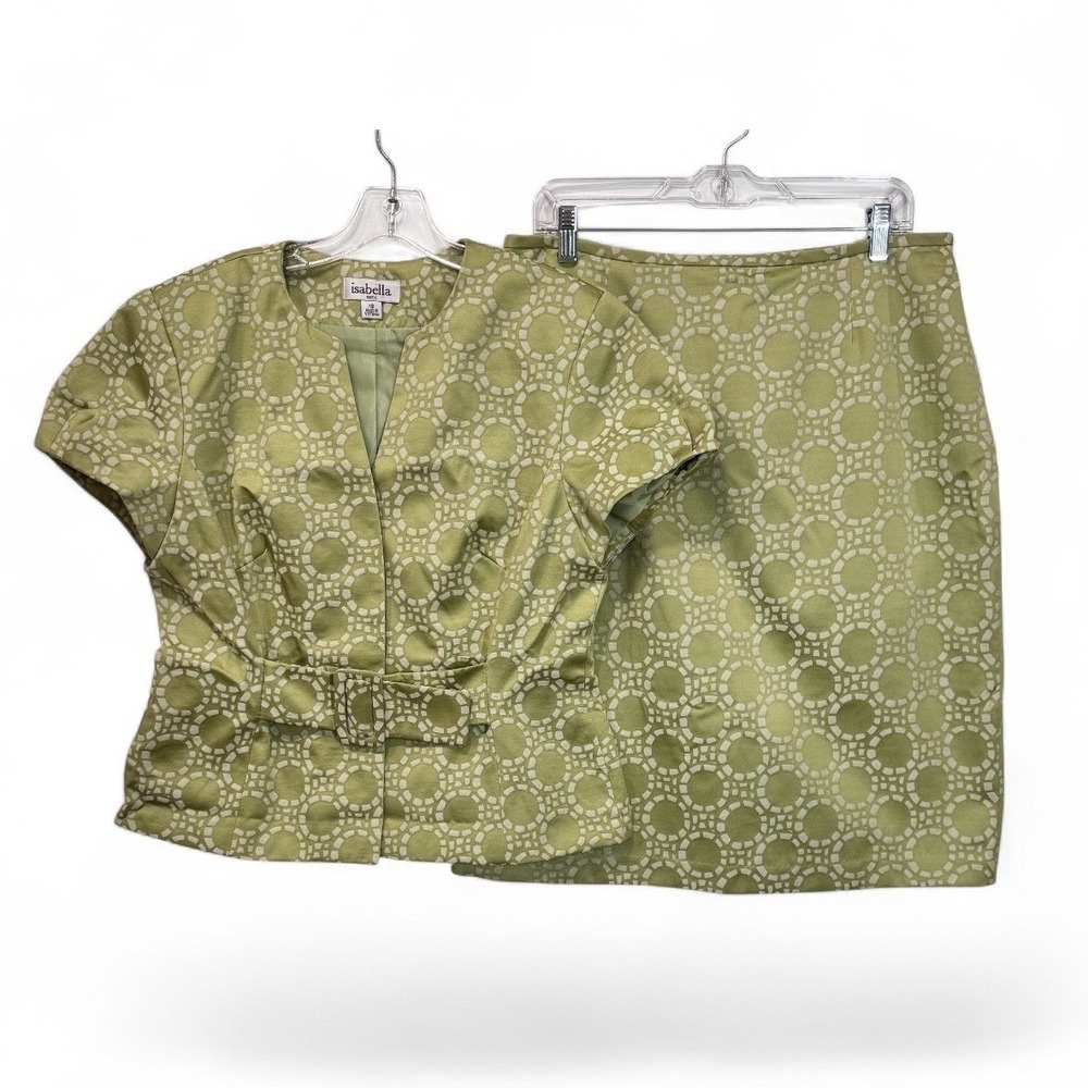 Isabella Skirt Suit Women 12 Green Geometric Belted Puff Sleeve 2 Pc Office